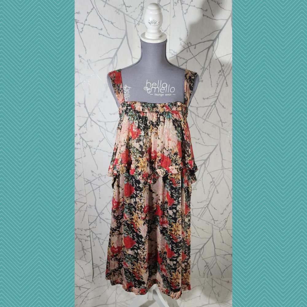 Love Sam Metallic Floral Print Tiered Midi Dress